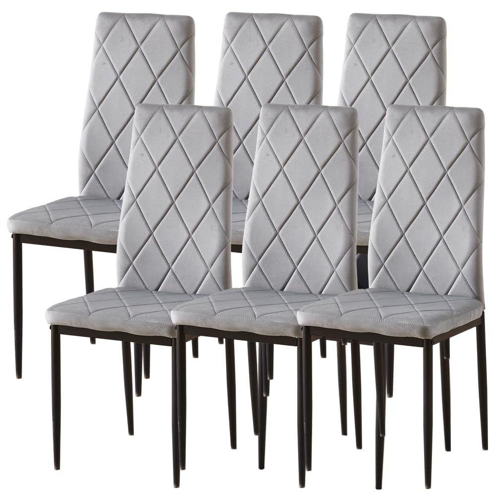BonChoice Grey Velvet Dining Chairs Set of 6 High Back with Metal Legs for Dining Room Kitchen, Side Chairs for Restaurant Office Meeting Home/Commercial (6, Grey Argyle Velvet)