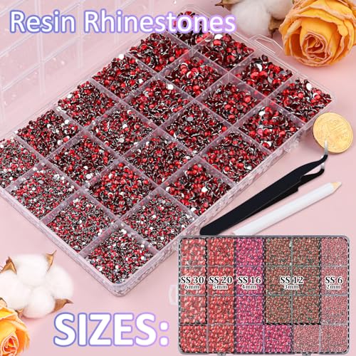 Image of 32000Pcs Resin Rhinestones with Tweezers for Crafting, Red Flatback Gems, Bedazzling Crystal with 3Pcs 10ml B7000 Jewelry Glue for DIY Crafts Clothing Tumblers Shoes Fabric Nail Art