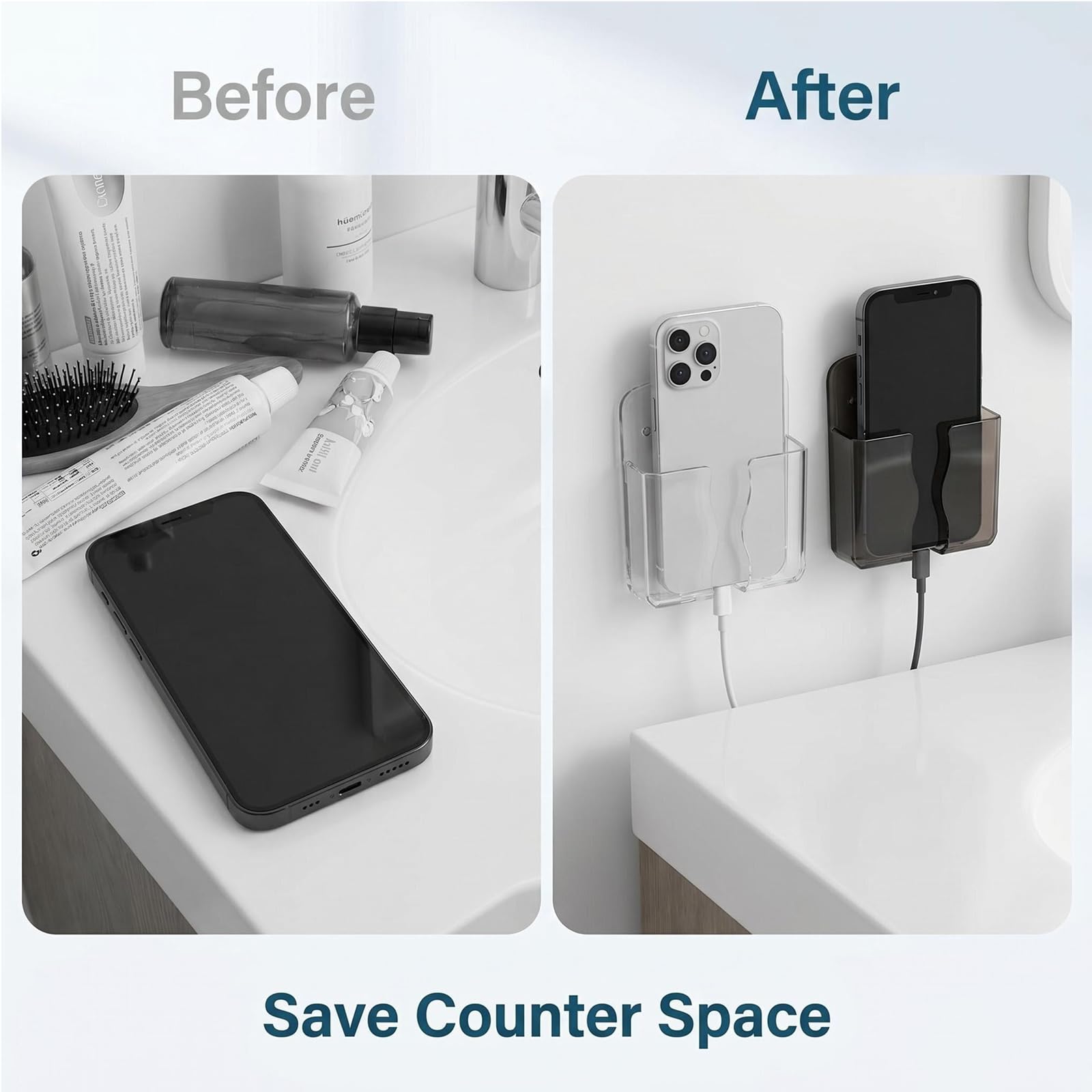 Paquete de 4 soportes para teléfono montados en la pared, soporte de plástico autoadhesivo para teléfono con agujero de recepción de cable de datos, organizador individual para teléfono