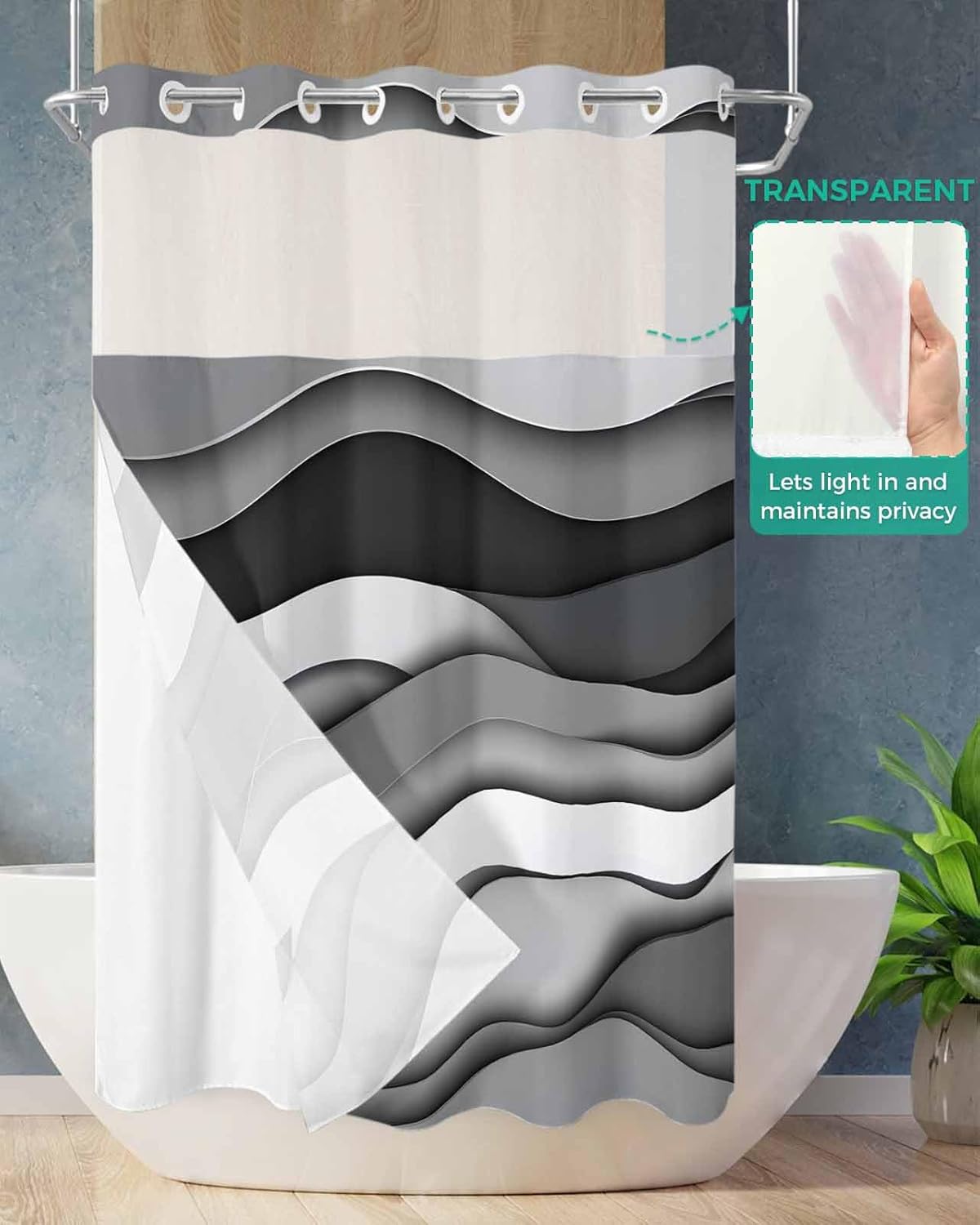Teamery Abstract Grey White Black Gradient No Hook Shower Curtain, Ocean Waves Curtain Liner Set See-Through Top Double Layers Fabric Bath Curtains for Bathroom Decor, 36" x 72"