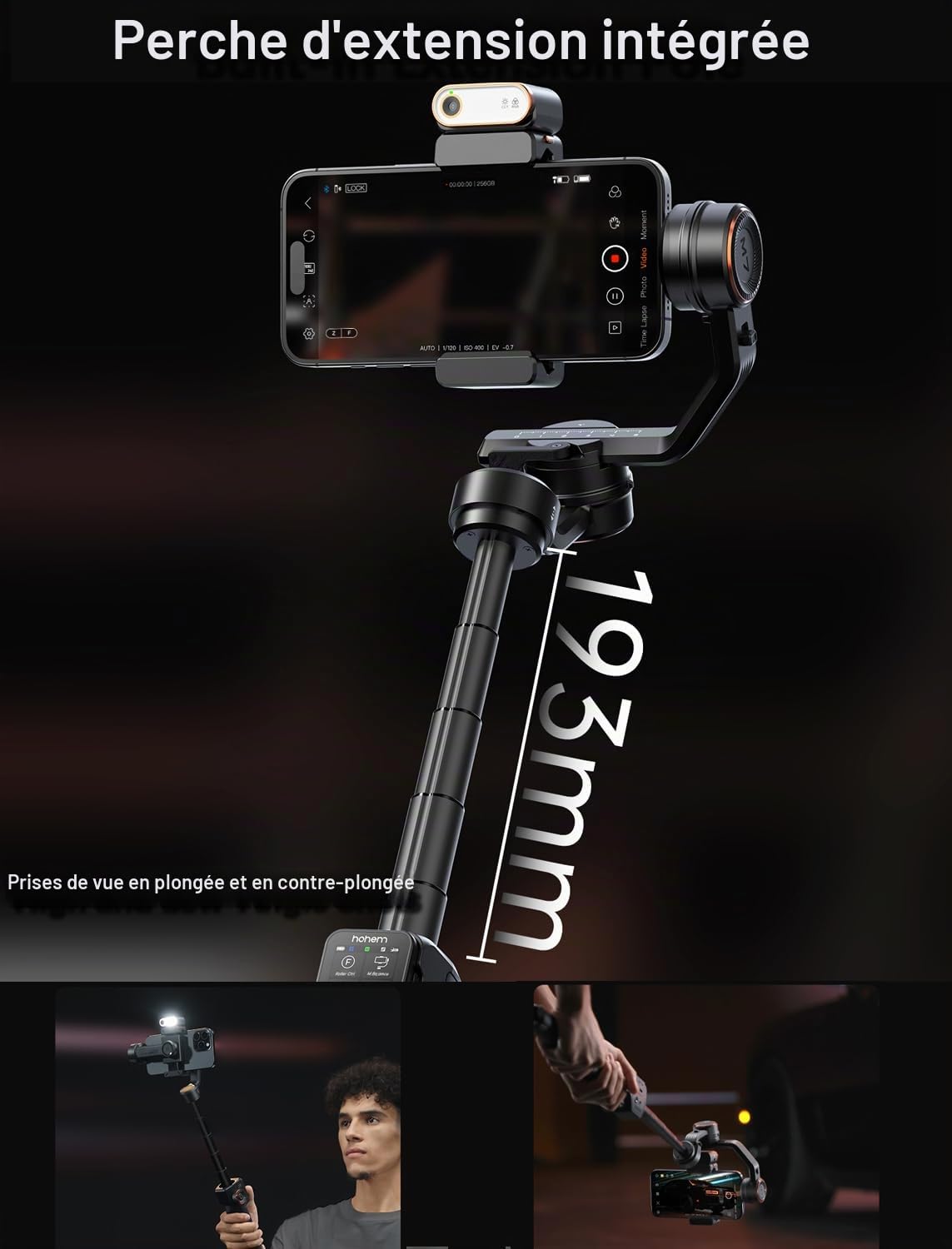 hohem iSteady M7 Stabilisateur de cardan pour iPhone, cardan de téléphone à 3 axes avec lumière magnétique de remplissage de traceur d'IA, télécommande amovible pour écran tactile, barre