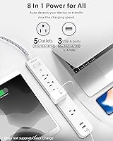 Vista 2 de 2 Pack Power Strip Surge Protector - 5 Widely Spaced Outlets 3 USB Charging Ports, 1875W/15A with 5Ft Braided Extension Cord, Flat Plug, Overload