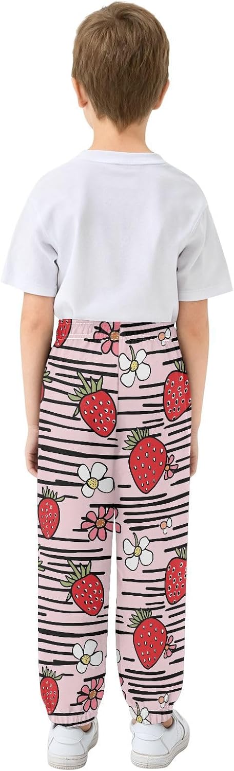 Boy Sweatpants Strawberry Flower Striped Joggers Casual Athletic Pants Kids Elastic Waist Cuffed with Pockets