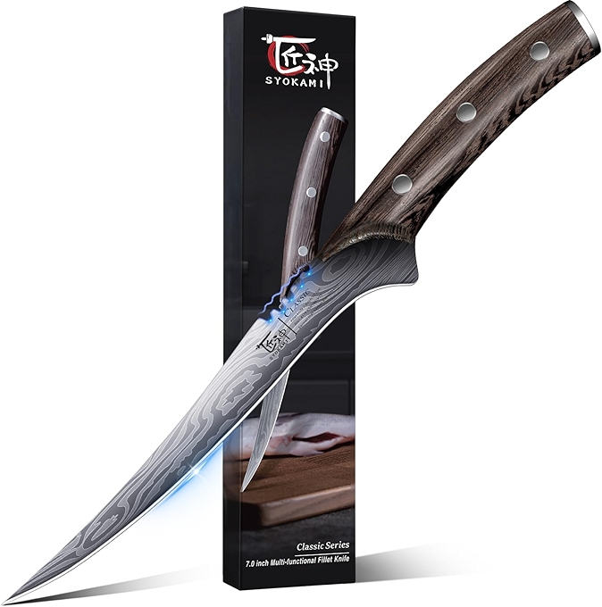 Razor-Sharp Fillet Knife with High-Carbon Stainless Steel and Damascus-Pattern Finish