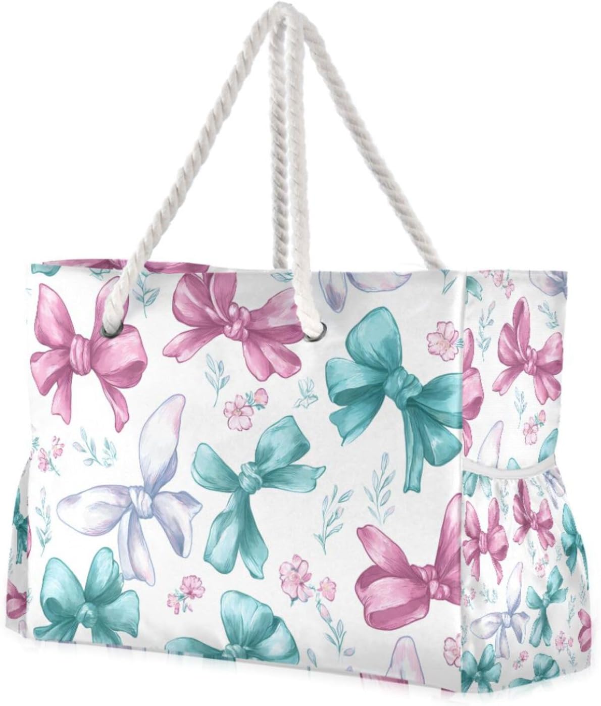 OTVEE Watercolor Bow with Floral Beach Bags for Women Ladies Large Canvas Tote Shoulder Bag Waterproof Travel Bags for Gym Swim Pool Camping