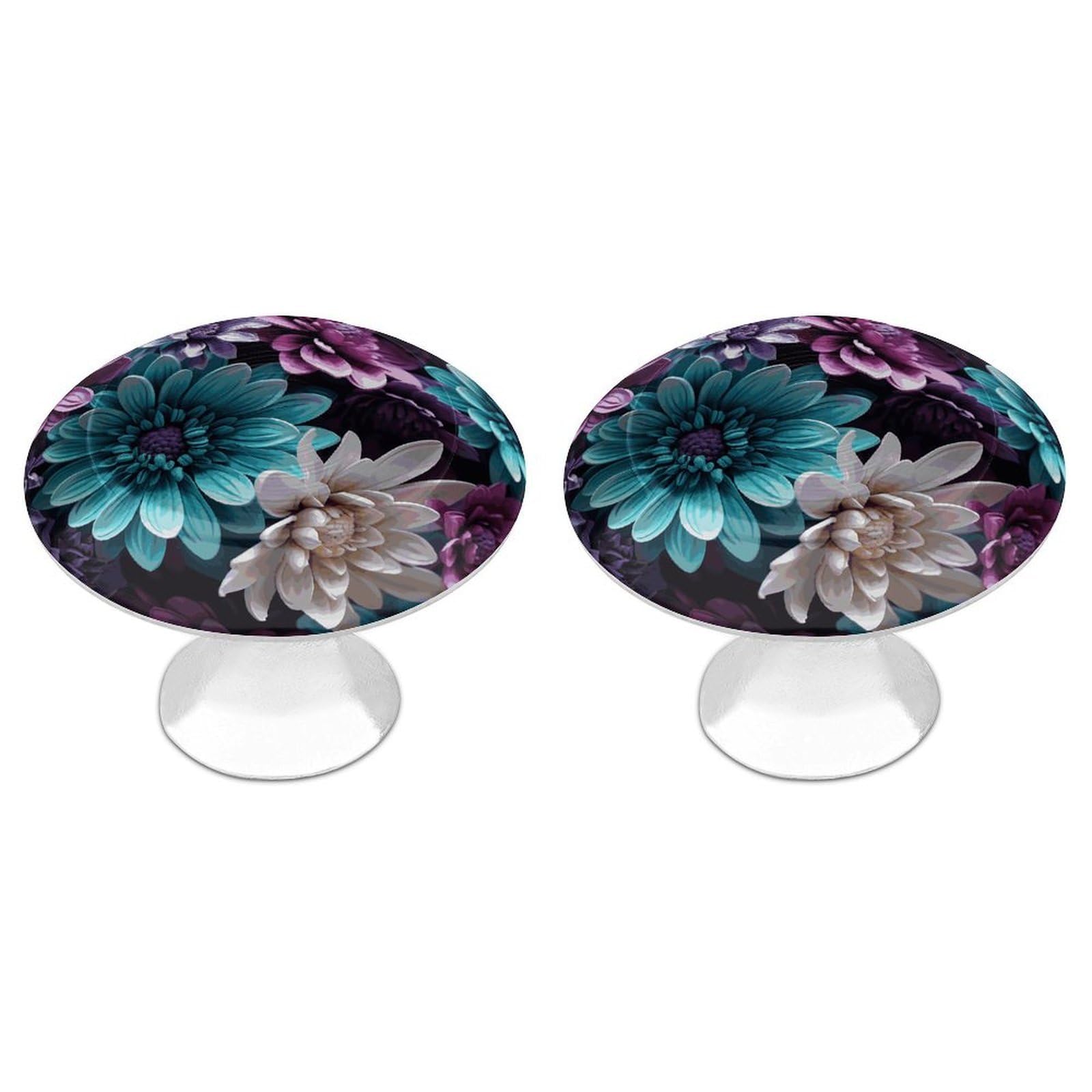 FekiLoot Purple and Teal Flowers Cabinet Knobs 2 Pack Stainless Steel Round Dresser Drawer Knobs Kitchen Drawer Hardware Dresser Knob Closet Door Pulls Cabinet Handles for Cupboard Drawer Pulls