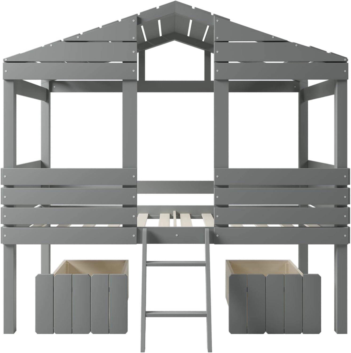 SOFTSEA Low House Loft Bed with House Shaped and Two Drawers, Twin Platform Bed Frame for Kids with Roof and Windows