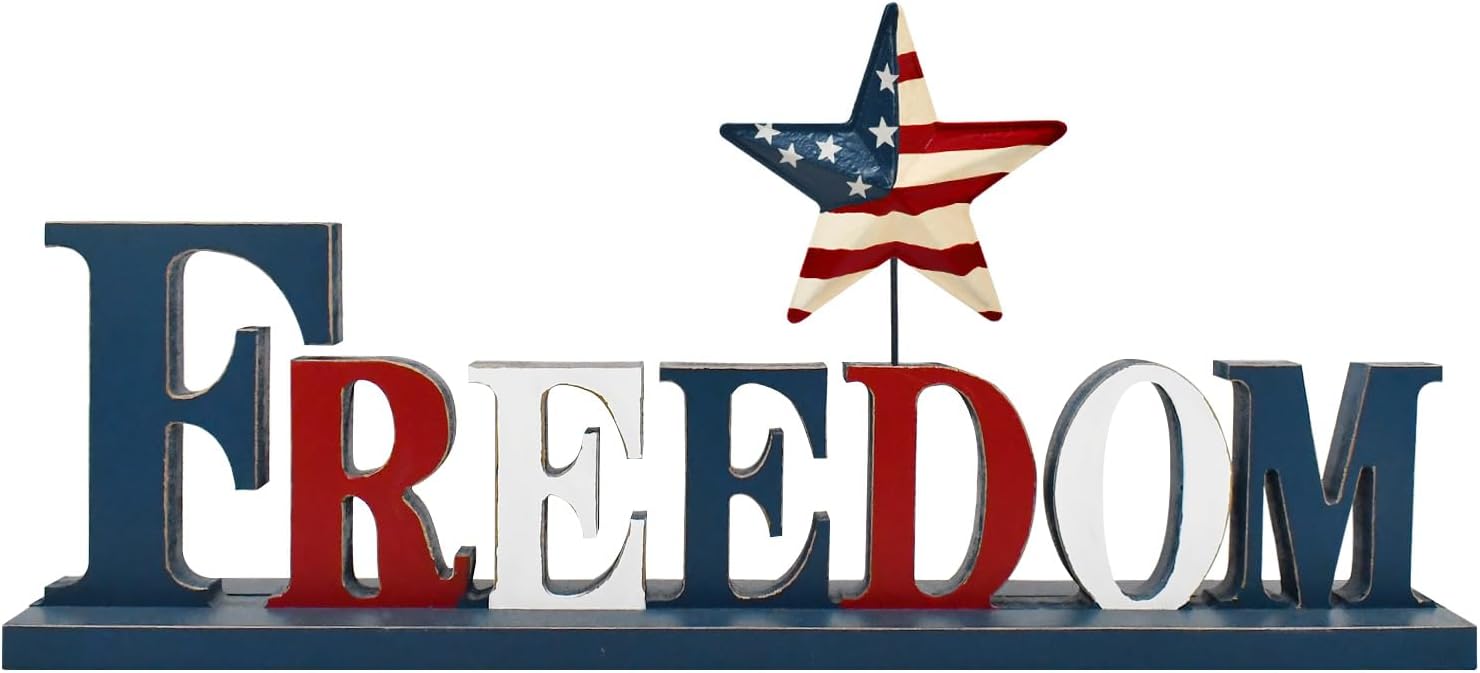 Wood Patriotic Sign with Star Decorative Wooden Block Signs Freestanding Letters Cutout for Home Mantle Mantel Fireplace - American Tabletop Centerpiece for July 4th Independence Day Memorial Day
