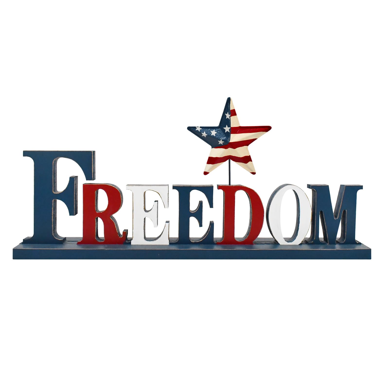 Wood Patriotic Sign with Star Decorative Wooden Block Signs Freestanding Letters Cutout for Home Mantle Mantel Fireplace - American Tabletop