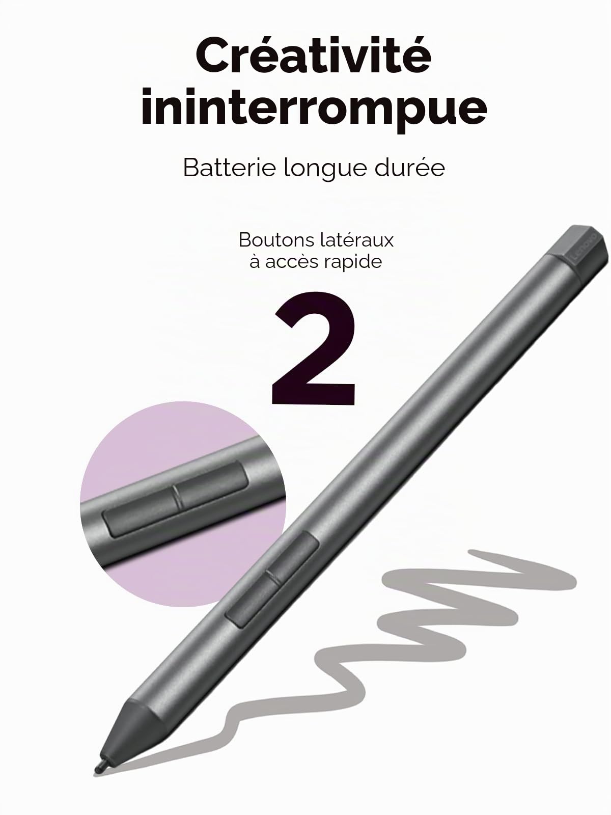 Lenovo Digital Pen 2 (Ordinateur Portable) – Réponse Ultra-Tactile – 4 096 Niveaux de Pression – Pointe du Stylo élastomètre Sensation Naturelle – Autonomie prolongée – Argenté/Gris