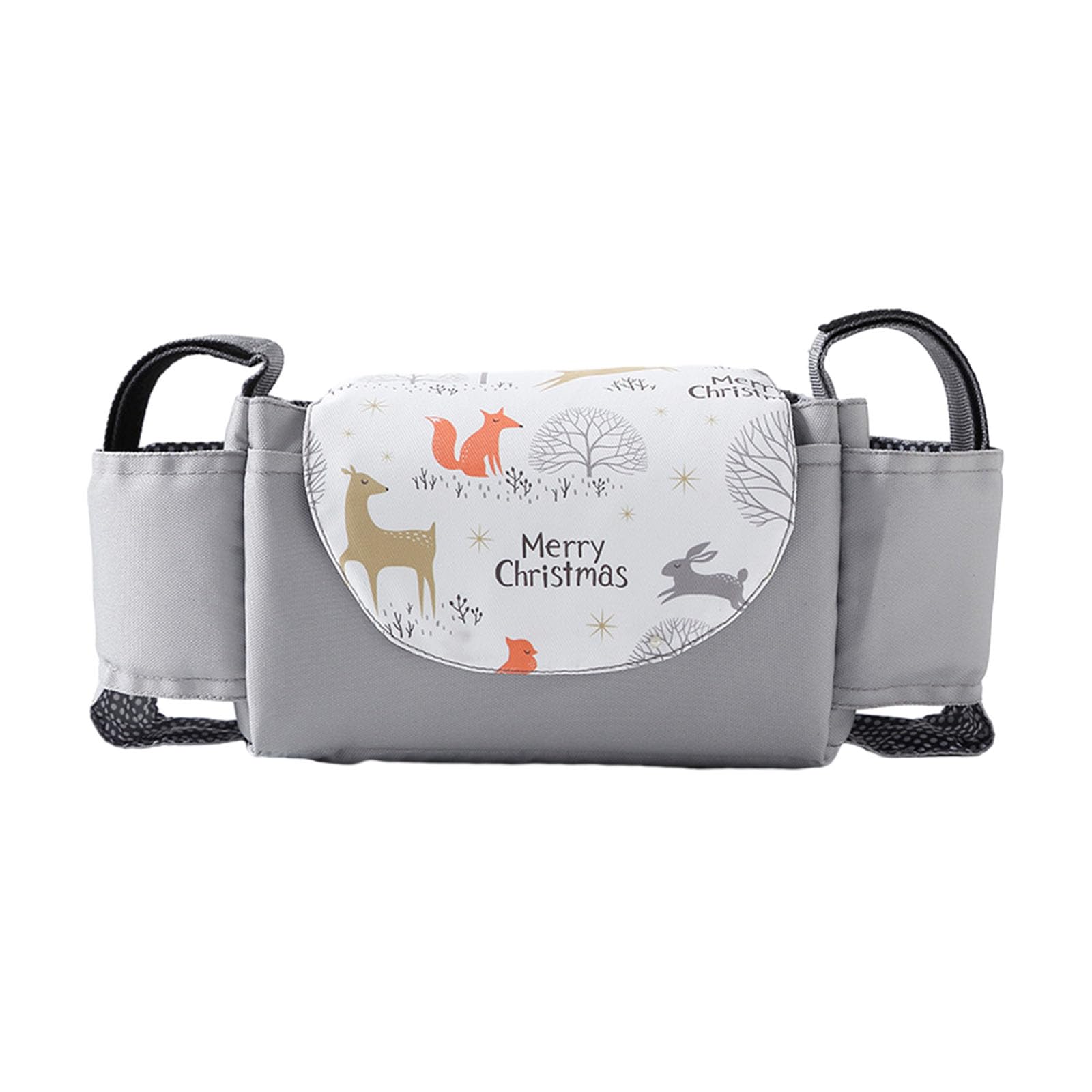 Hiseng Pram Bag Pram Accessories with Insulated Cup Holders, Universal Pram Organiser Multifunctional Buggy Bag, Pram Organiser Bag for Diaper Storage, Baby Bottle & Toys Fits (Christmas,35x15x11cm)