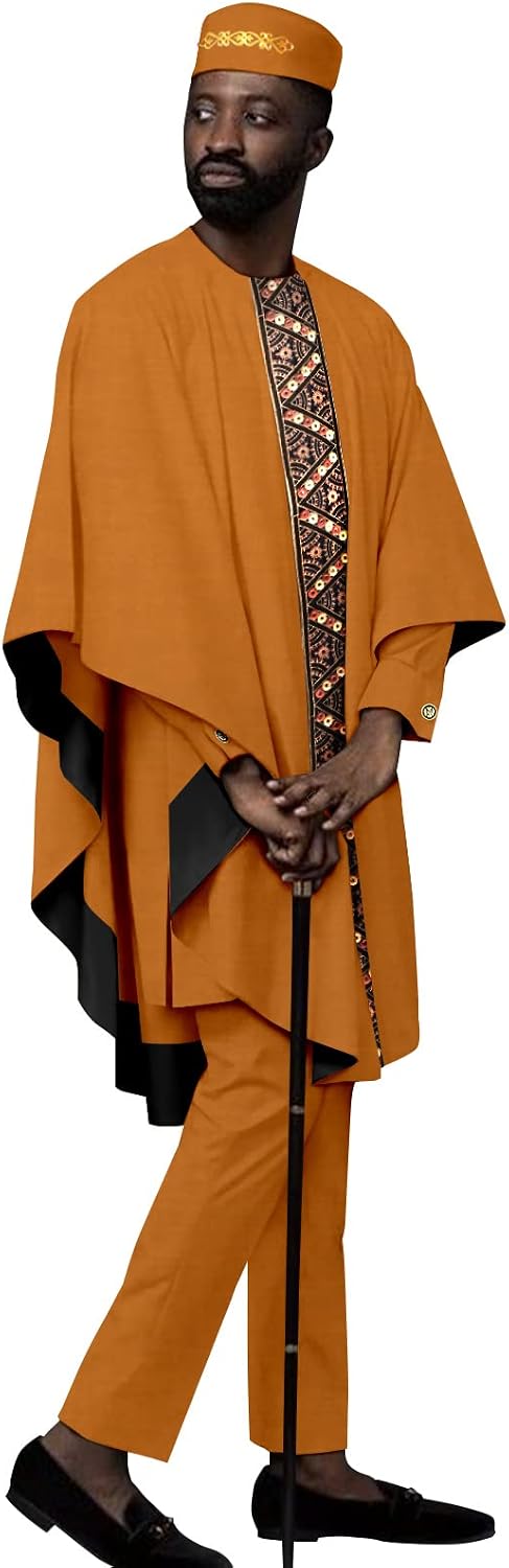African Clothes for Men Embroidery Agbada Dashiki Shirts Pants and Hats 4 Piece Set Tribal Outfits for Wedding