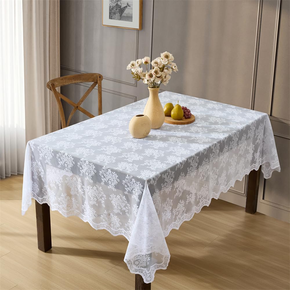 HLC.ME Jolene Tischdecke mit Blumenmuster, Spitzenstoff, für rechteckige Tische, knitterfrei, Gemustert, gewellt, 60 x 84 cm, Weiß