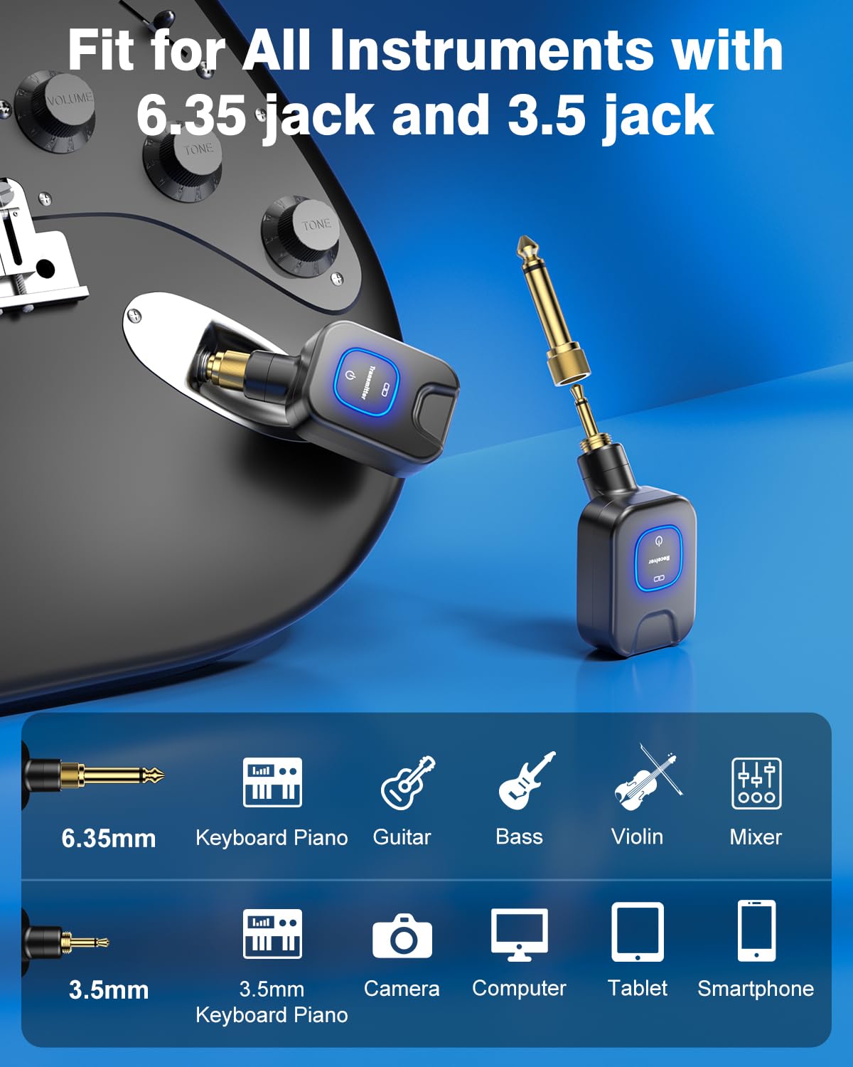 New Bee Sistema di chitarra wireless 5.8G con scatola di ricarica, suono ad alta fedeltà, ricevitore trasmettitore audio a 6 canali per chitarra elettrica, basso