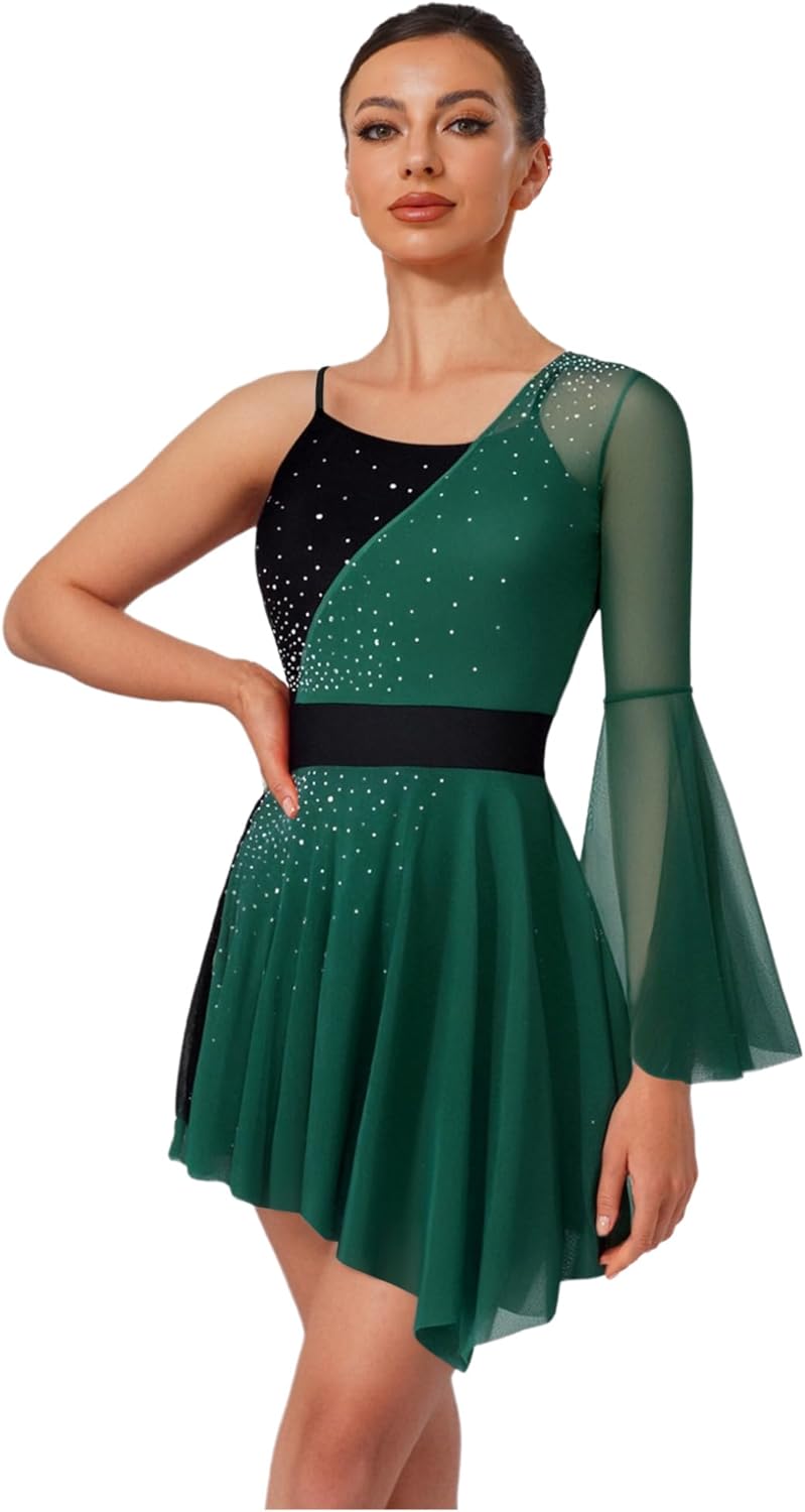 Hularka Women's Figure Ice Skating Dress Rhinestone Color Block Mesh One Flare Sleeve Irregular Leotard Dress