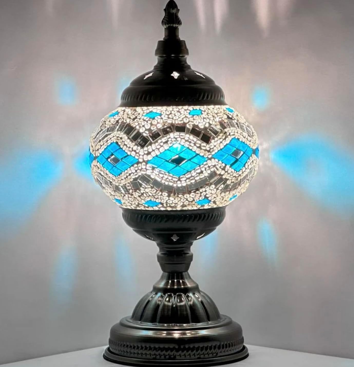 Stardust Gemstones Turkish Moroccan Lamp Tiffany Style Table Lamp with Vintage Stained Glass| Bohemian Style|Swan Neck, Moon, Teapot and Table Lamp| Include LED((Light Blue Vintage Flower Lamp)