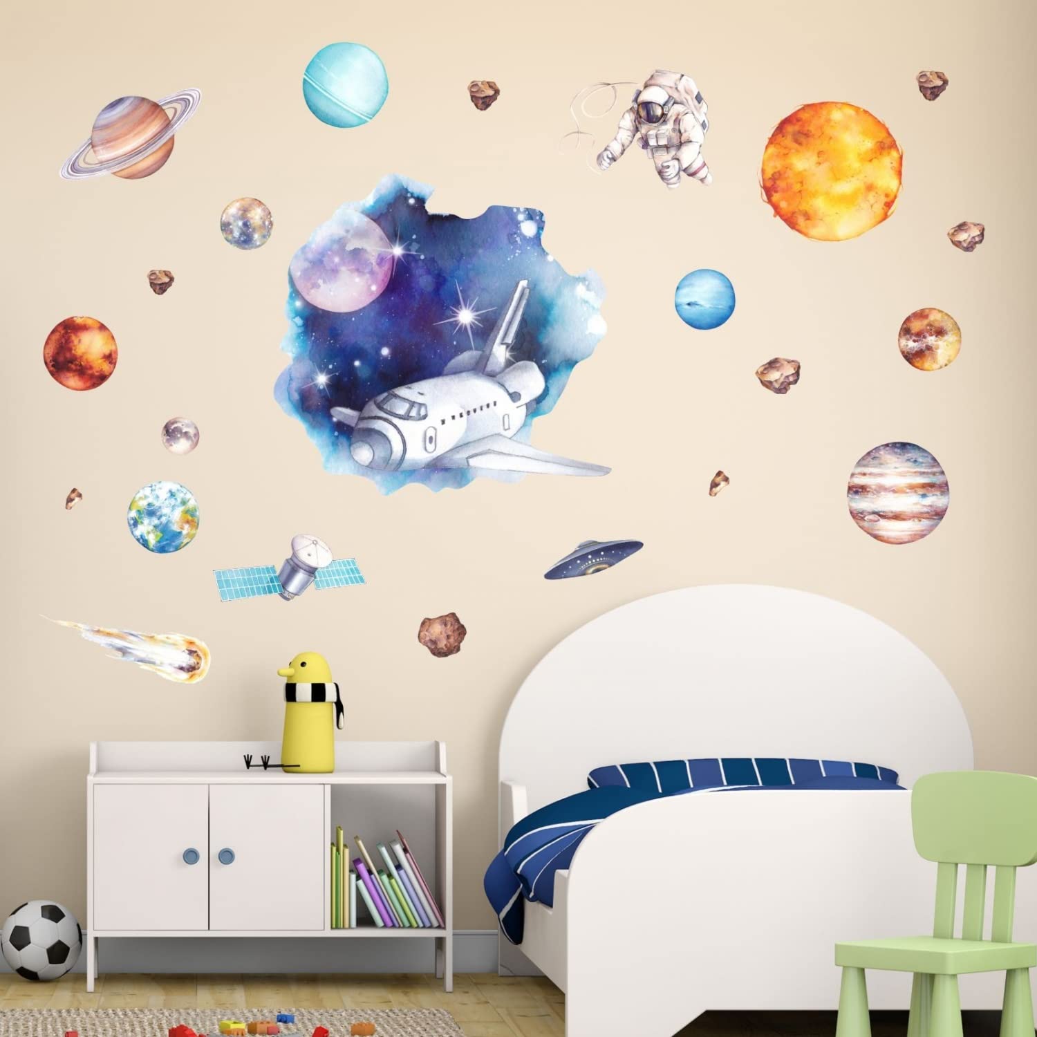 nikima Schönes für Kinder 239 tatuaż ścienny z motywem kosmosu, planety, astronauta, akwarela, rozmiar 2000 x 1120 mm, w 6 rozmiarach – naklejka do pokoju dziecięcego, naklejka ścienna, dekoracja ścienna