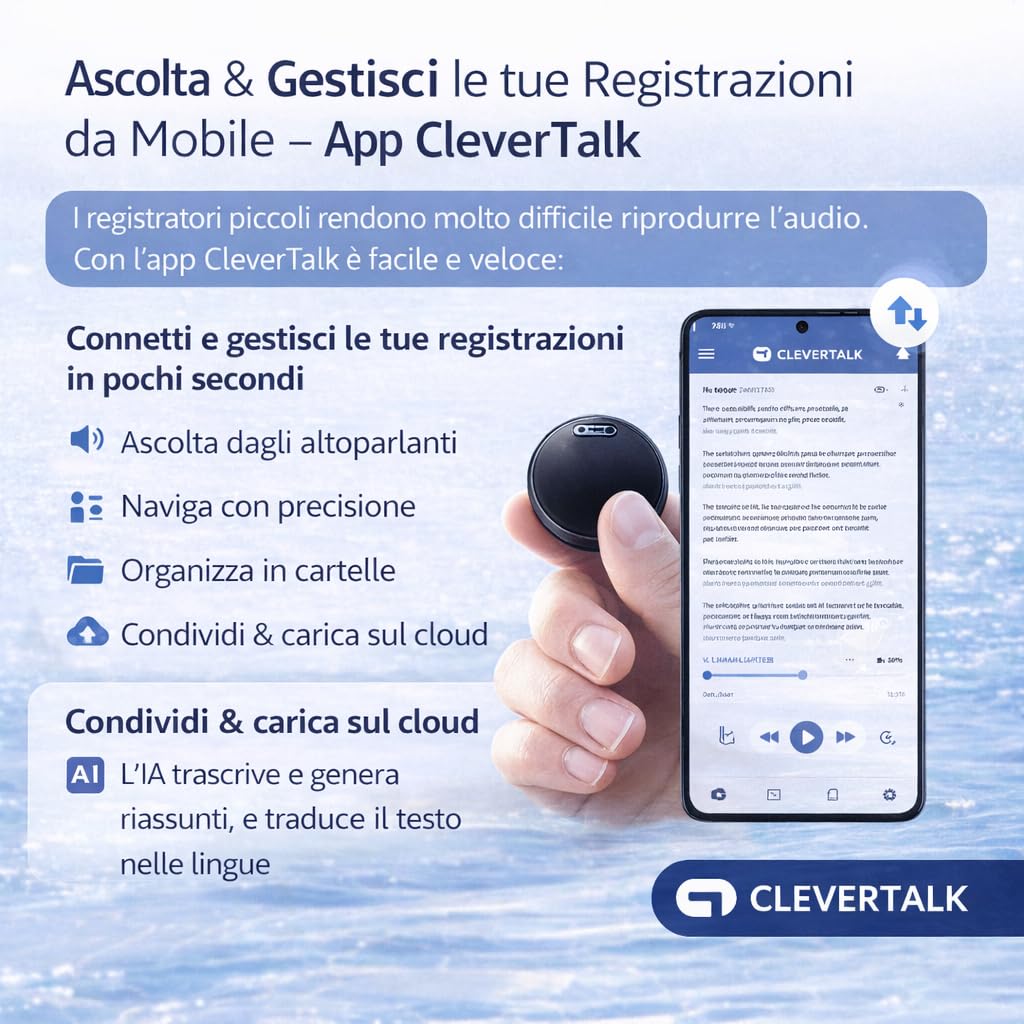 CleverTalk Q37 Registratore Vocale con IA | Attivazione Vocale | Portale Web app.clevertalk.ai | Trascrizione e Riassunti | 64 GB | Audio HD 1536kbps | USB-C