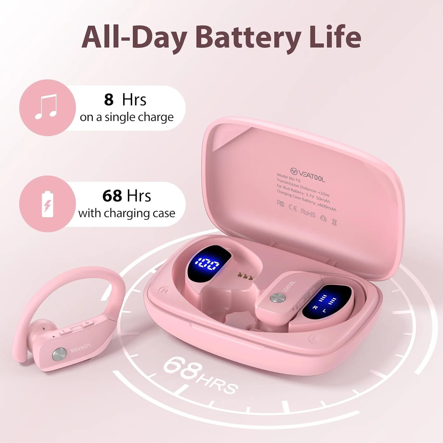 VEAT00L Wireless Bluetooth Earbuds and charging case illustrating 72 hours battery life.
