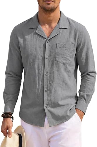 Men Cotton Linen Long Sleeve Shirt Slim Fit, Button Up Linen