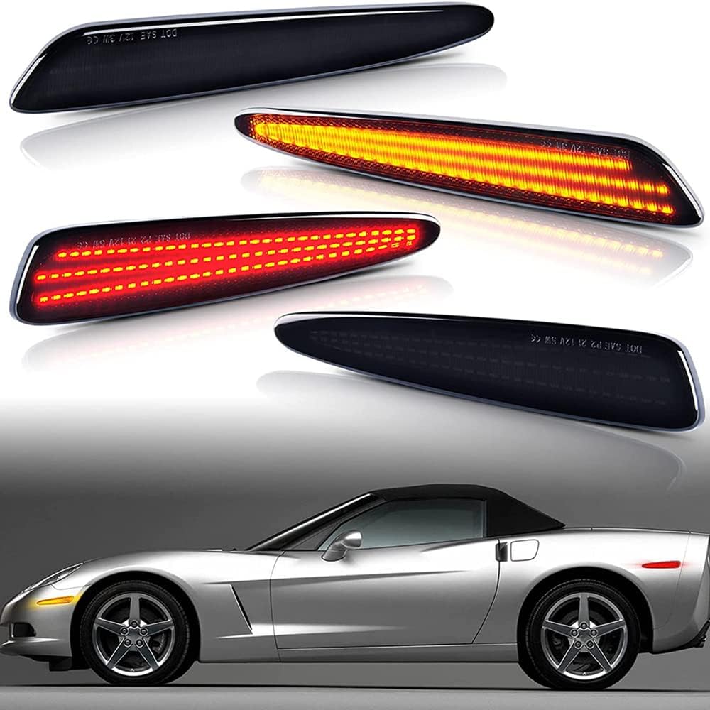 Red Amber LED Front Bumper Side Marker Lights Smoke Lens, Compatible with Chevy Corvette C6 2005-2013, Front Fender Marker Lamps