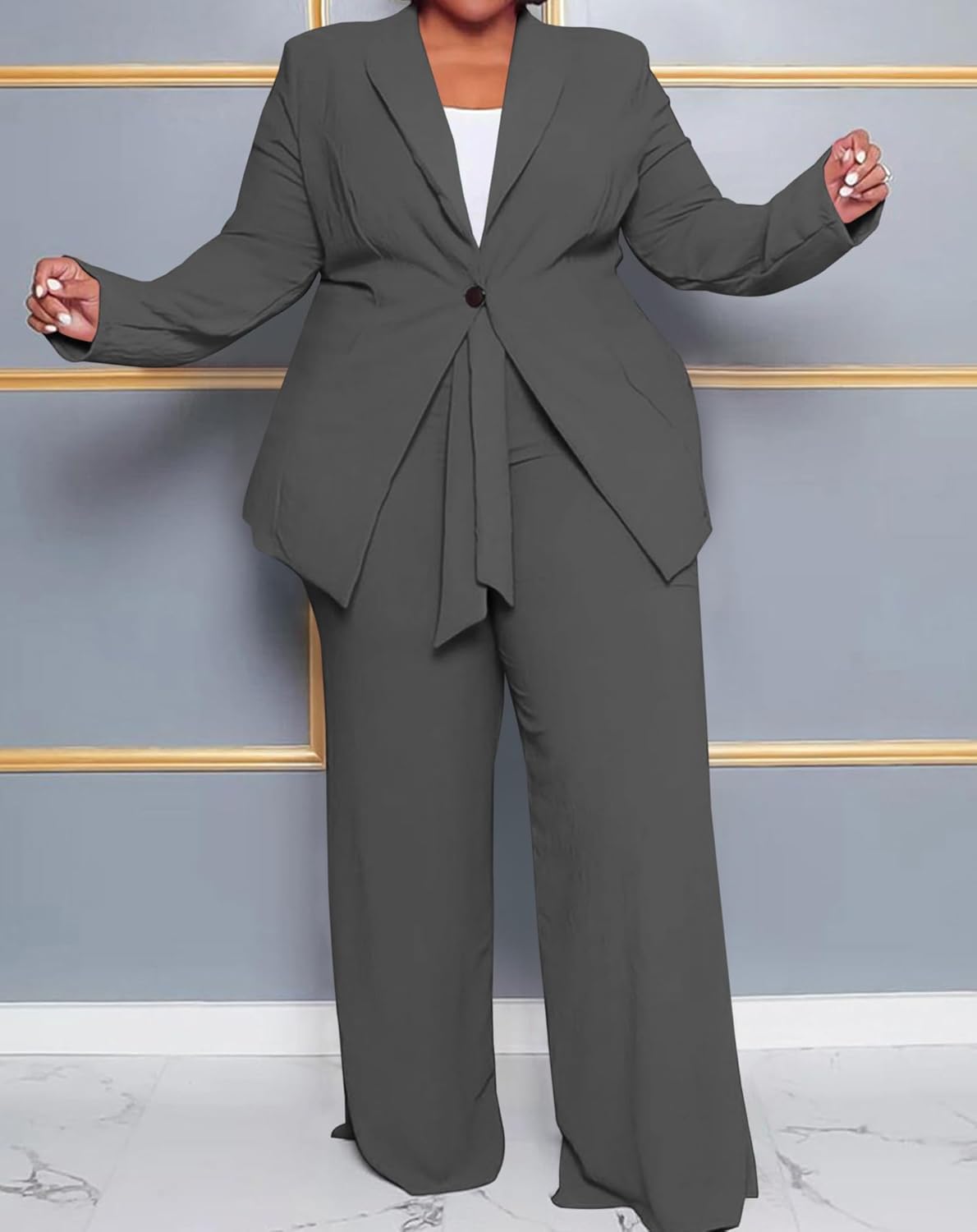 IyMoo Plus Size Suits for Women Business Open Front Long Sleeve Blazer Elastic Waist Solid Straight Leg Pant Set Suits