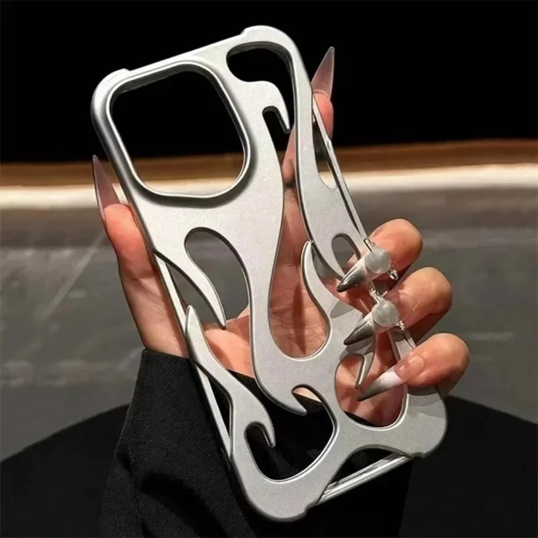 Luxury Matte Hollow Out Flame Phone Case for iPhone 16 17 15 14 13 11 12 Pro Max Plus Air Soft Dissipate Heat Bumper Back Cover(for iPhone 13/Silver)