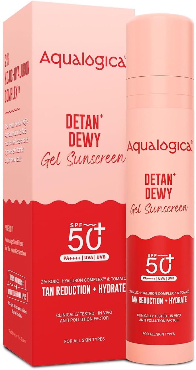 Aqualogica Detan+ Dwey Sunscreen SPF 50+ PA++++ with APF | Broad Spectrum Sun, Blue Light & Pollution Protection with Glycolic & Hyaluronic Acid, No White Cast, Lightweight & Quck Absorbing, 50g