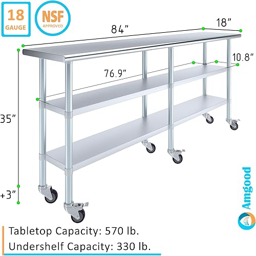 Miniatura 178 de AmGood Mesa de trabajo de acero inoxidable con 2 estantes y ruedas Mesa de trabajo de metal con ruedas