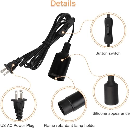 Miniatura 6 de Enchufe de luz colgante de 15 pies con cable, cable de extensión E26 negro con enchufe de interruptor de encendido y apagado, cable de bombilla E27