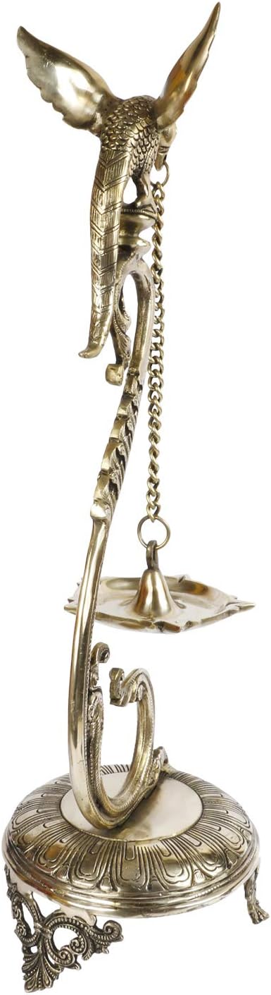 Kartique Brass Parrot Long Chain Oil Lamp Diya Deepam for Home Temple Deepak Pooja Camphor Kapoor Kapur Burner Dia Table Top Puja Jyot Gold Color Height 24 Inch
