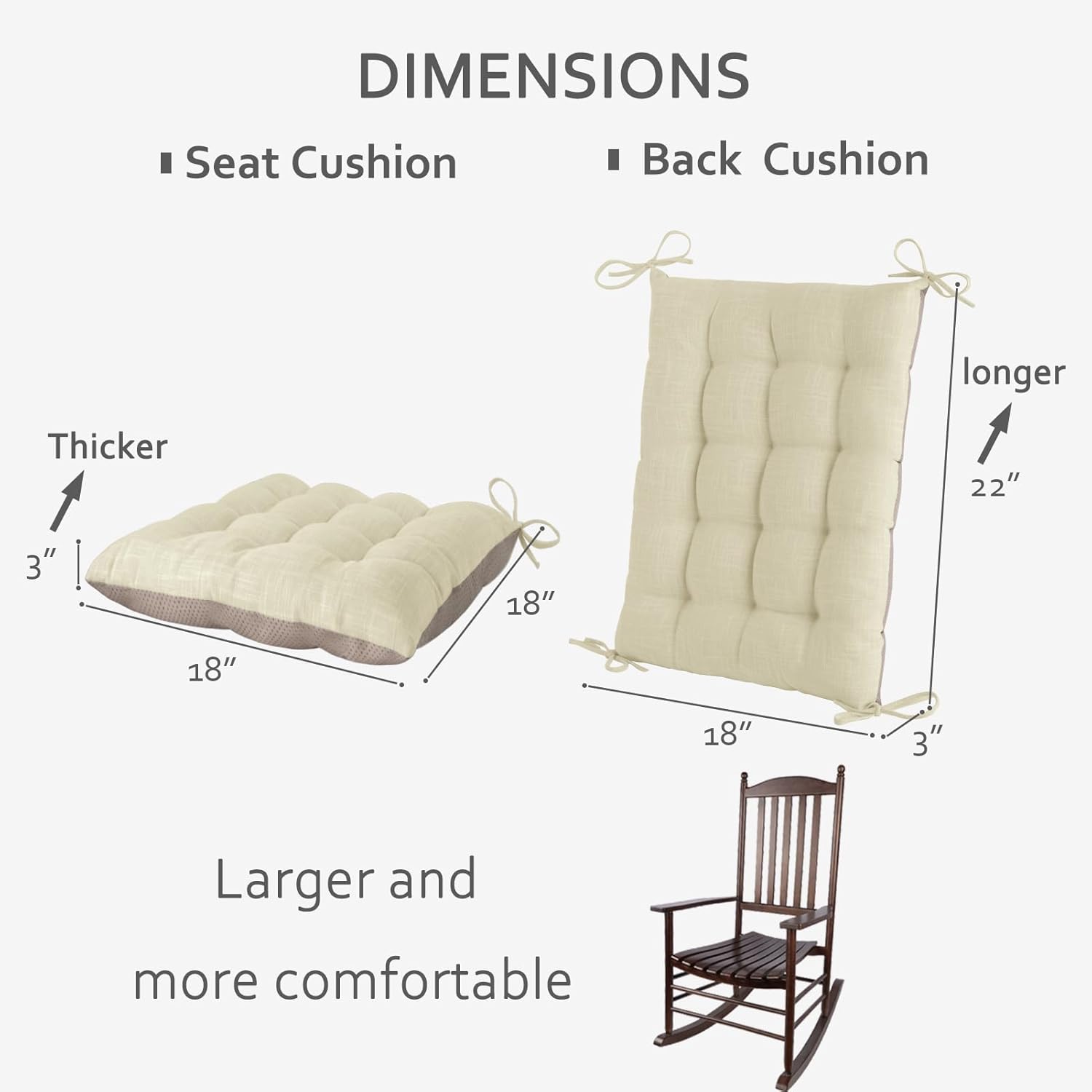 ELFJOY Extra Large Rocking Chair Cushion Non-Slip Linen Chair Pads Thick Back and Seat Cushion 2 Piece Set with Ties