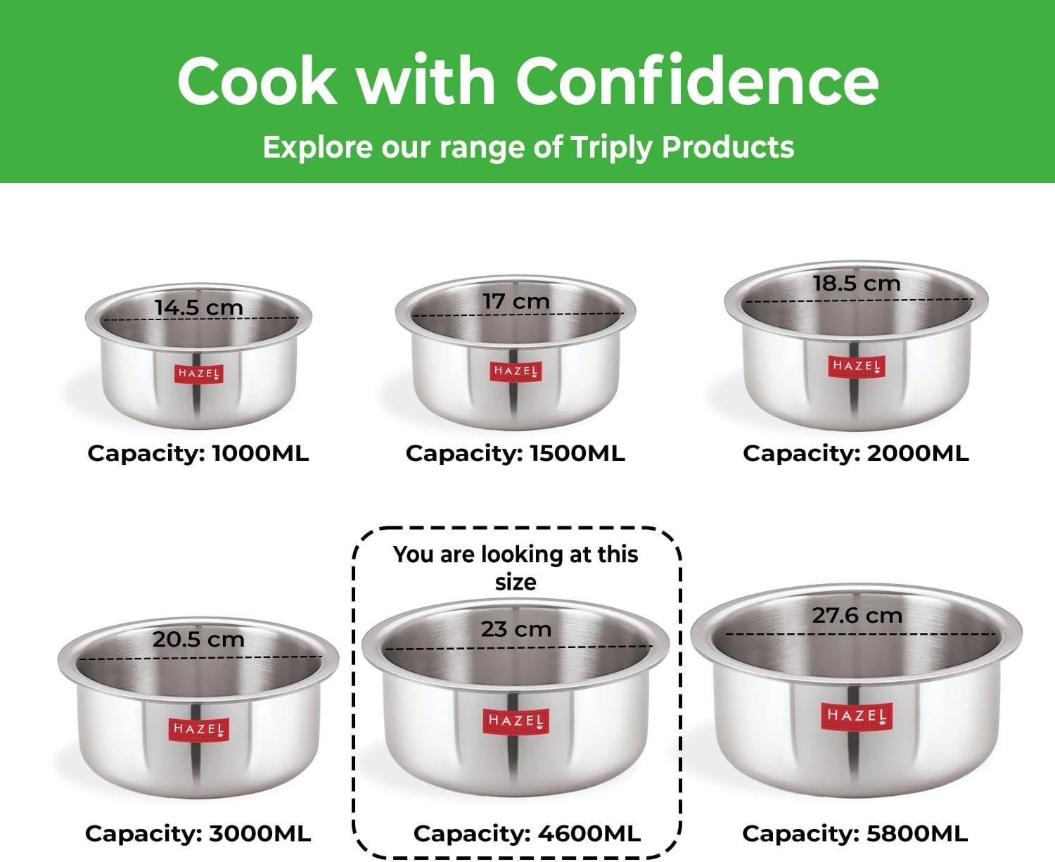 HAZEL Tri-Ply Stainless Steel Induction Bottom Tope, 4.6 Litre, 23 cm
