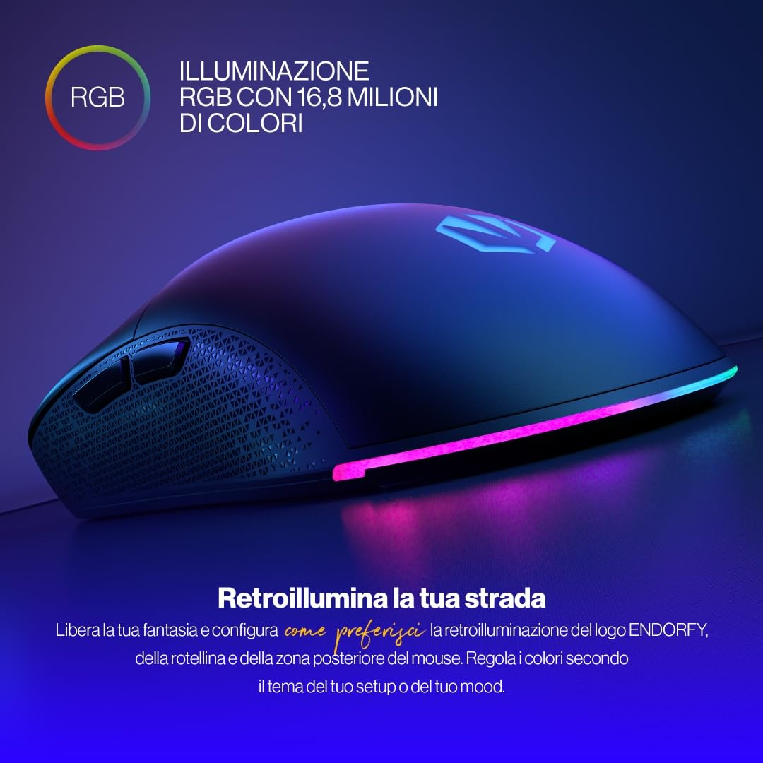 ENDORFY Gem, Mouse da Gaming Leggero (67 g), sensore PixArt PMW3325, 8000 DPI, Switch Kailh GM 4.0, 6 Tasti programmabili, Pad in PTFE, EY6A006