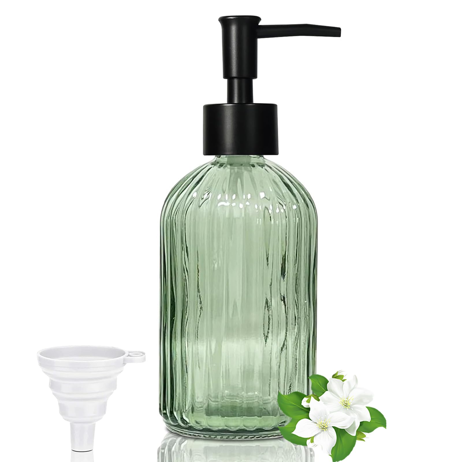 Dispensador de jabón de cristal de 400 ml, color verde, moderno dispensador de jabón para cocina y baño, dispensador de bomba recargable con bomba de plÔstico y embudo negro para detergente,