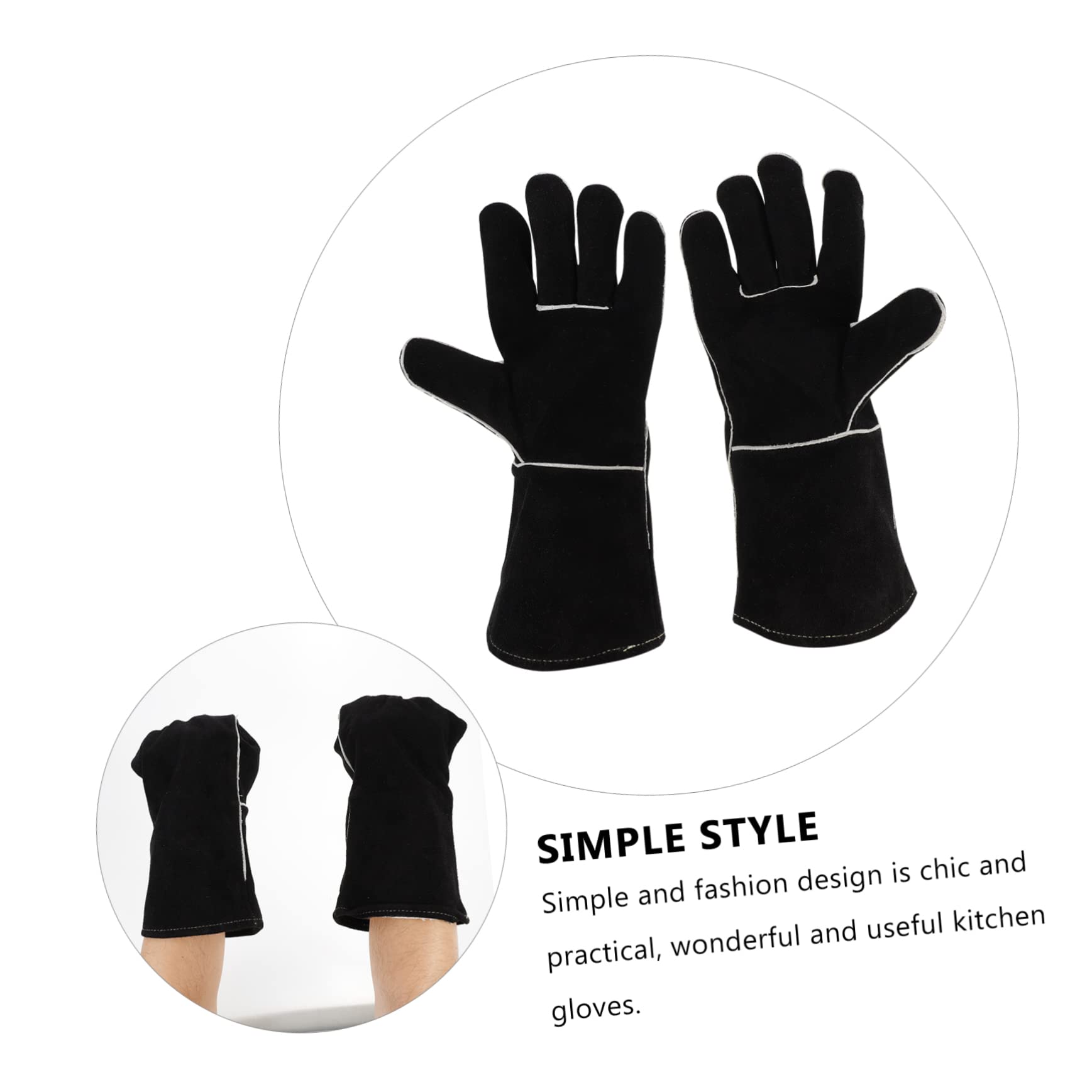 Guanti per Barbecue Anticalore in Pelle Bovina Nera, Design a 5 Dita, Protezione Completa e Presa Antiscivolo per Campeggio e Casa
