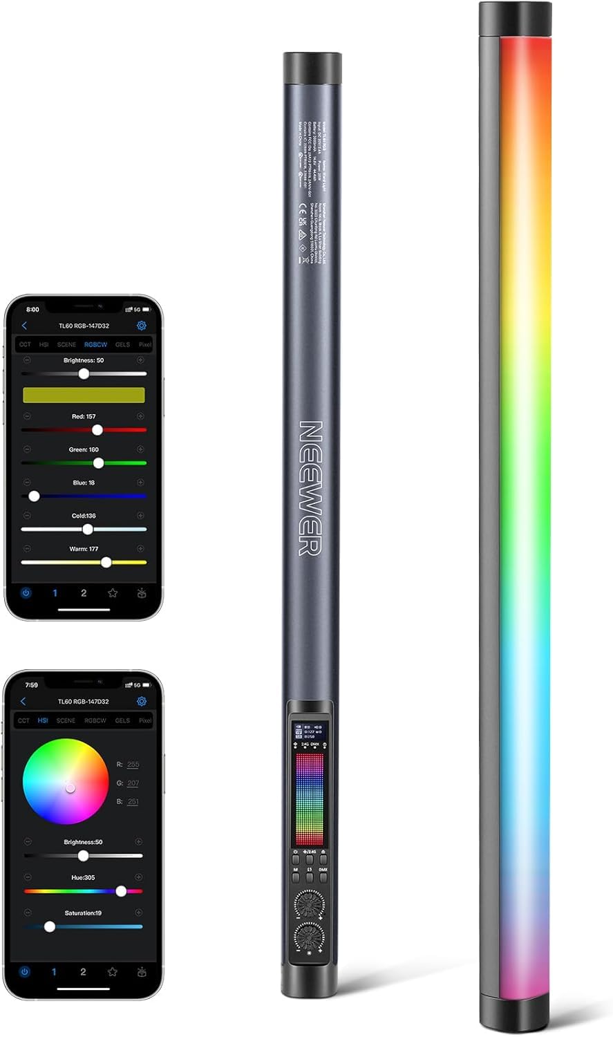 NEEWER TL60 Tube Éclairage Vidéo RGB, Lampe Vidéo LED Portable RGBWW pour Photographie, Bâton Lumineux avec 2,4 G APP Contrôle/DMX, 7 Effets Pixels, 18 Scènes, 2500K-10000K TLCI98+, Batterie 3000mAh