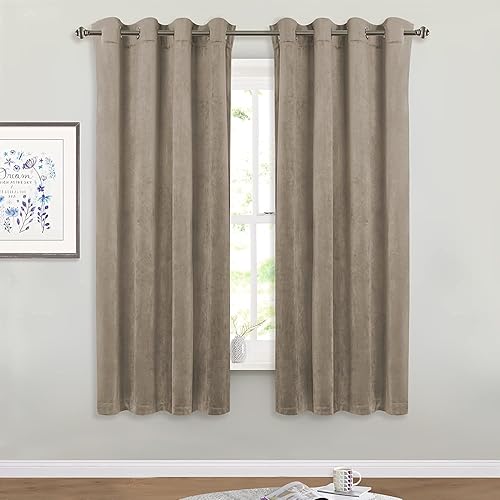 StangH Velvet Curtains 63 inch Length - Thick Soft Fabric Grommet Light Blocking Curtains Summer Heat Insulated Window Covering for Studio/Dining/Kitchen, W52 x L63, Camel Beige, 2 Panels