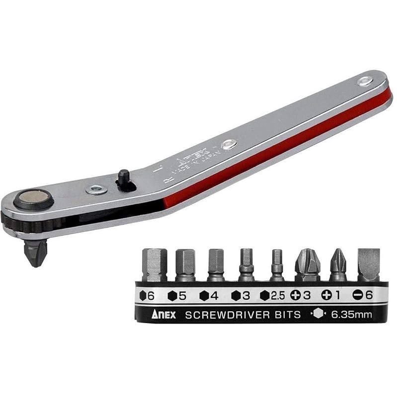 Chave de fenda catraca angular 90° Anex com bits magnéticos e chave Allen, perfil baixo, vermelha, kit com 9 peças