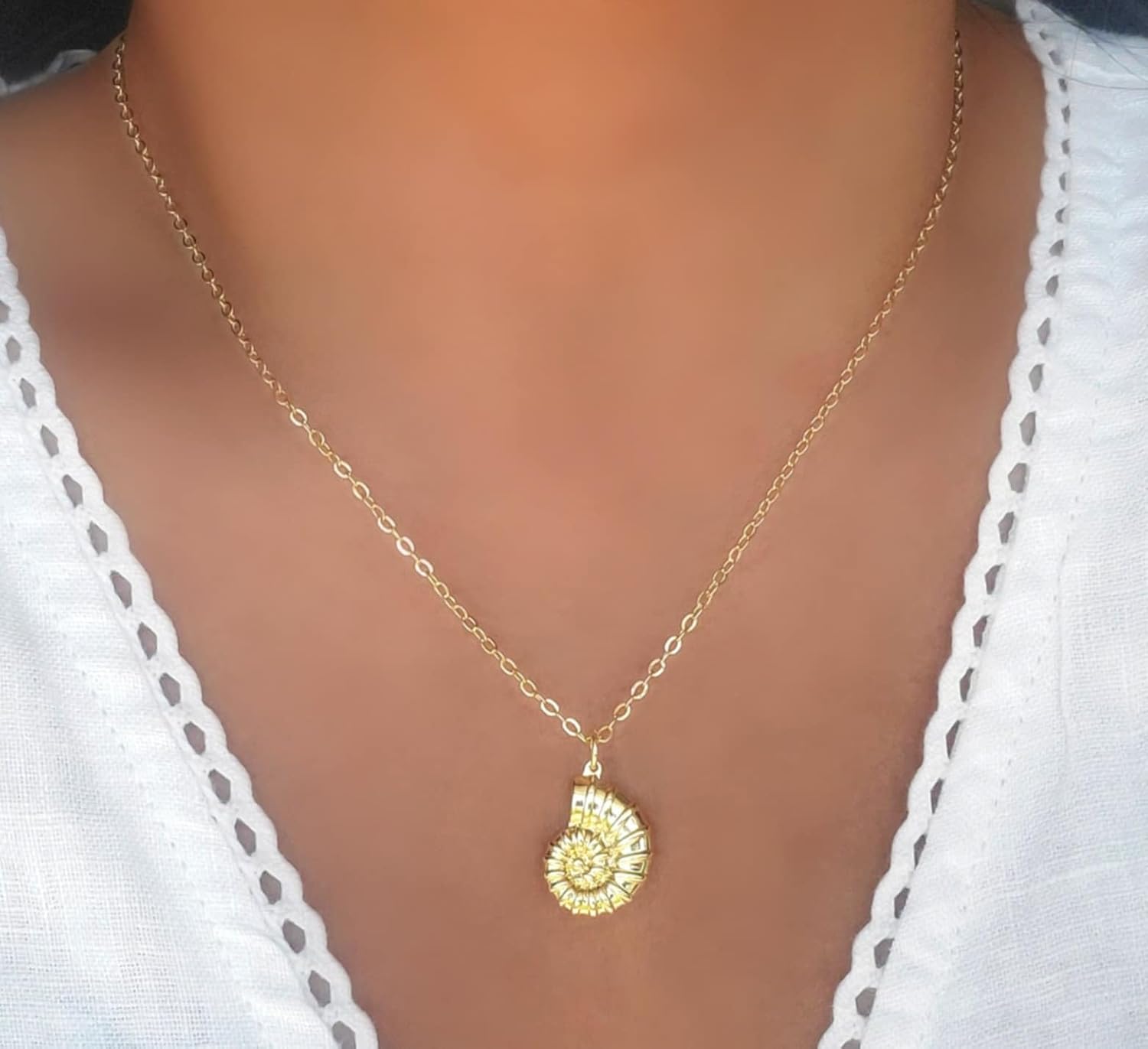 Gold Spiral Shell Mollusk Charm Dainty Chain Pendant Necklace - Image 2