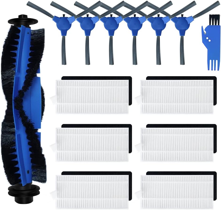 Replacement Parts Compatible for eufy robovac 11S, 25C, 30, 30C, 35C, 12, 15T, 15C Slim Robotic Vacuum Cleaner: 6 Hepa Filter 6 Side Spin Brushes & 1 Main Roller Brush Attachment Spare Pack