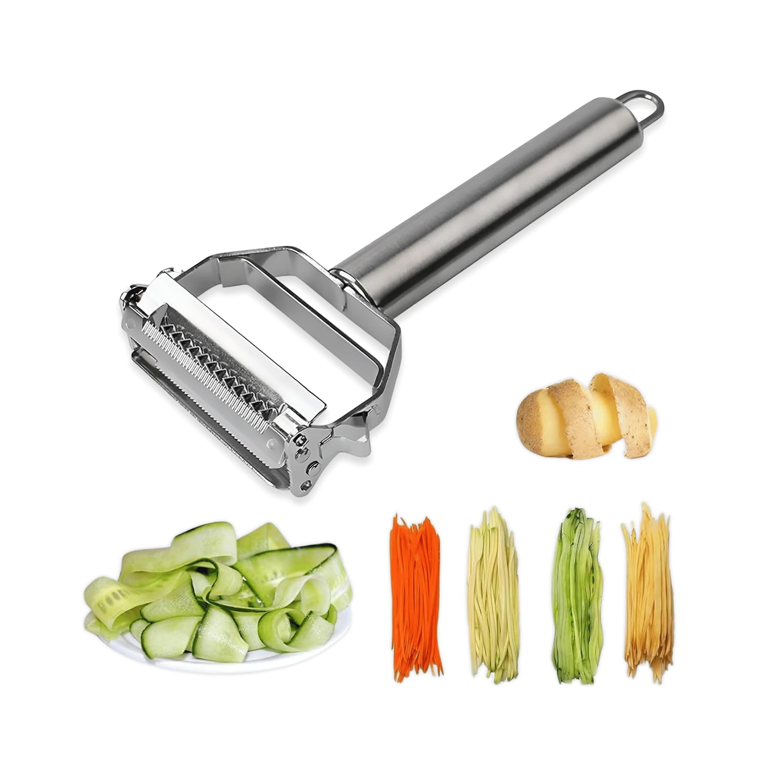 Zulaxy 2-in-1 Stainless Steel Vegetable Peeler & Julienne Cutter | Multi-Functional Fruit & Veggie Slicer for Potato, Carrot & Cucumber (Dual Blade, Silver)-picture-16