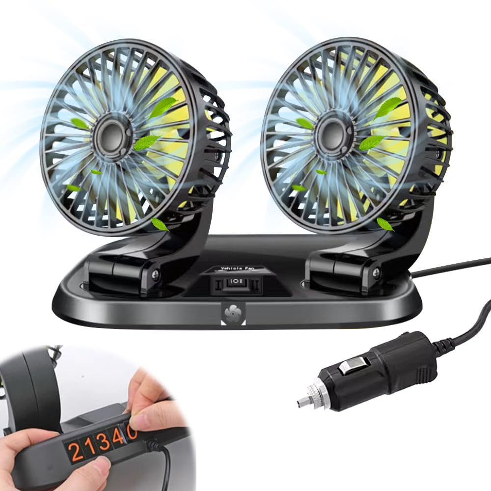 Mineup Auto Ventilator, 12V Doppelkopf Autolüfter Gebläse, Kfz Lüfter Mit 2 Geschwindigkeiten & 360°-Drehung, Doppelventilator, Einstellbar Ventilator Für Auto SUV RV Boat Camping