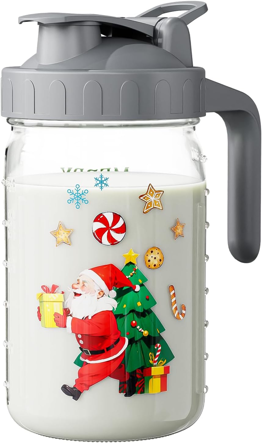 32 oz Christmas Glass Breast Milk Pitcher with Grey Lid, Christmas Decorations for Home, 2025 New Year Gift