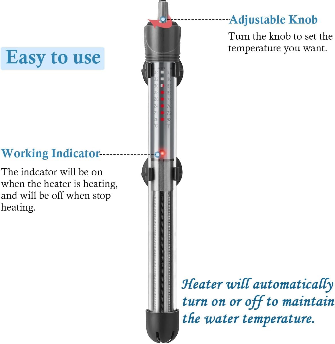 HITOP 200W Aquarium Heater showing adjustable knob and heating indicator light.