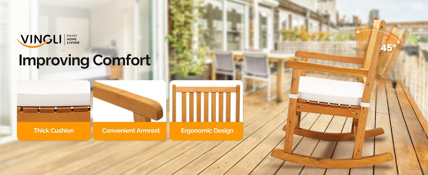 VINGLI Oversized Rocking Chair, Wooden Rocking Chair with High Back, Outside Porch Rocking Chair for Patio, Yard, Garden, 550 LBS, Teak (Teak, 2 PCS)