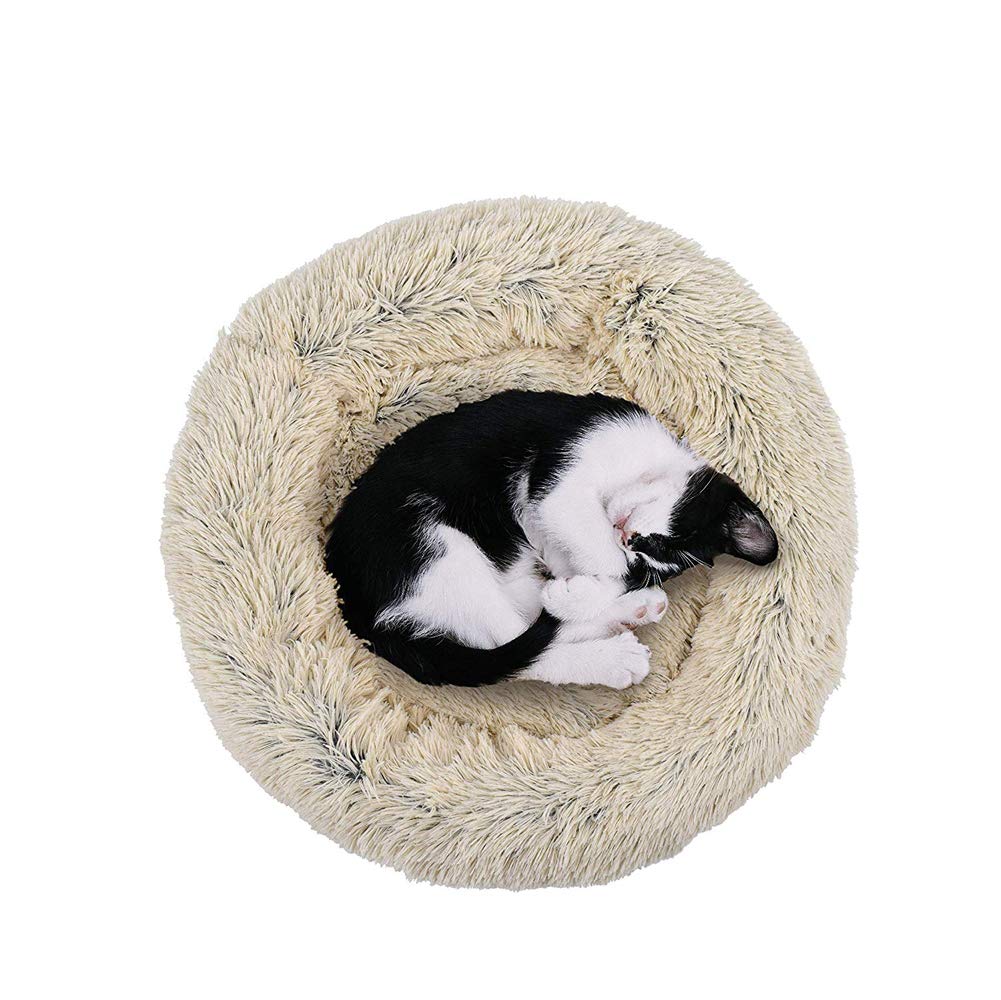 Rundes Kuschelbett für Hunde und Katzen, warmes Plüsch, waschbar, für mittelgroße und große Hunde, 80 cm, Beige