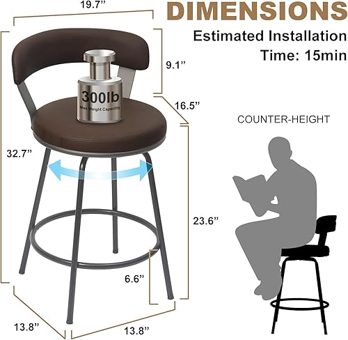 Miniatura 2 de 24 Inch Swivel Counter Height Bar Stools Set of 2, Modern Backs, Leather Counter Stools for Kitchen Island, Brown