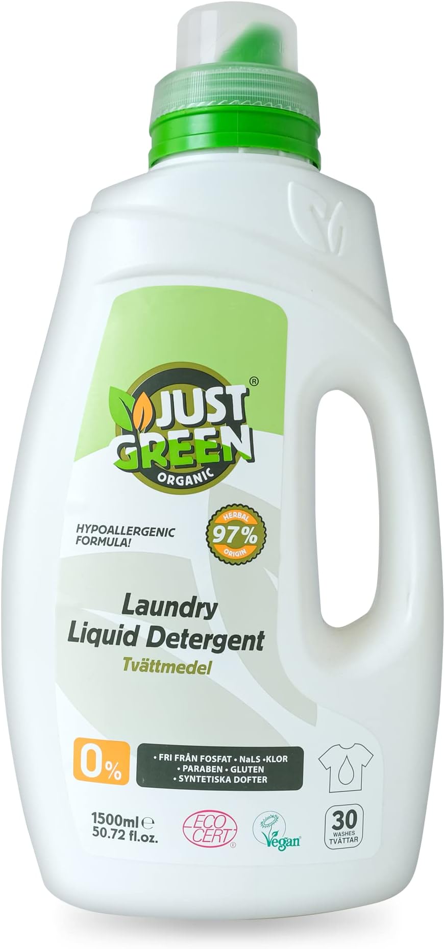 SORTICK Just Green Organic Laundry Liquid 1500ml, Non-Toxic Formula, Vegan & Washing Liquid Detergent, Safe Baby Detergent, Recyclable Packaging