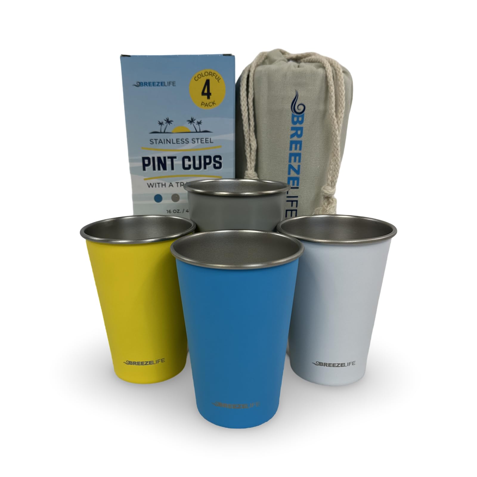 Breeze Life Stainless Steel Metal Cup Drinking Tumblers, Stackable, Shatterproof, Great for Camping, Outdoor Picnic, Festivals, BBQ Tailgating, 4-Pack, Blue, Gray, Yellow, White.